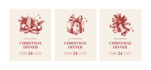 Christmas dinner invitation cards with hand drawn holiday candles, gift box, bells, ribbons. Festive mood, elegant vintage style. Vector sketch illustration.