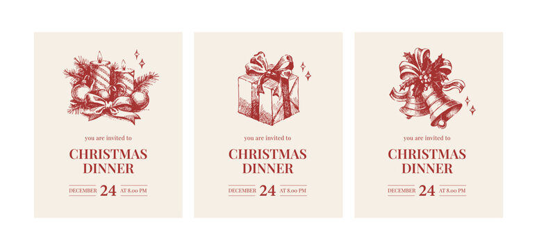 Christmas dinner invitation cards with hand drawn holiday candles, gift box, bells, ribbons. Festive mood, elegant vintage style. Vector sketch illustration. - Powered by Adobe