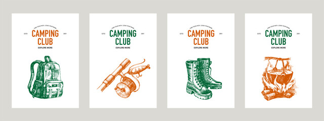 Camping club sketch banners. Outdoor adventure, exploration, rustic lifestyle. Travel poster set.. Hand drawn vintage vector illustration