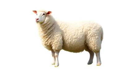 Fototapeta premium A fluffy white sheep standing in a field isolated on transparent background