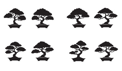 Naklejka premium Collection of stylized black bonsai tree silhouettes on white background with various shapes