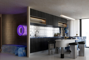Step into style with this stunning 3D render of a bar that transforms any room into the ultimate hangout!