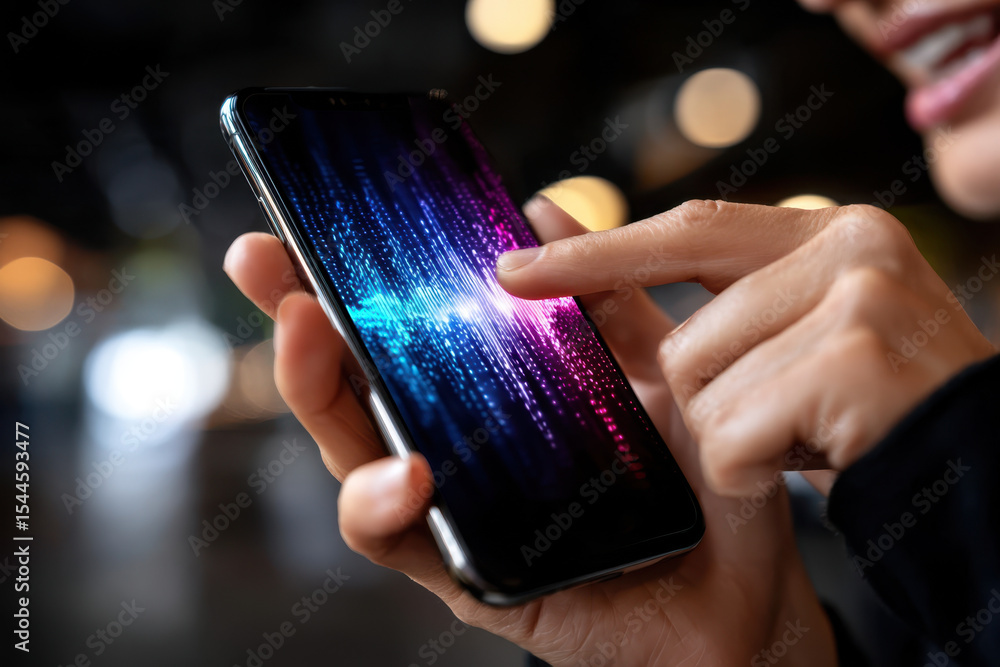 Poster user interacting with smartphone displaying vibrant sound wave visual effects in modern setting