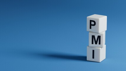 wooden elements with the letters PMI . PMI - short for Project Management Institute.close up of wooden elements,Business Concept.3D rendering on blue background.