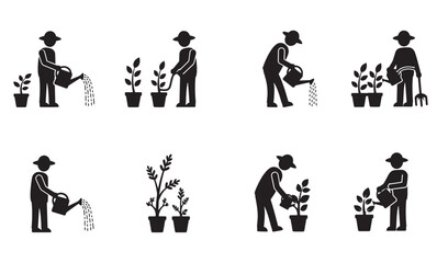 Gardening icons featuring silhouetted farmers watering plants in pots with watering cans