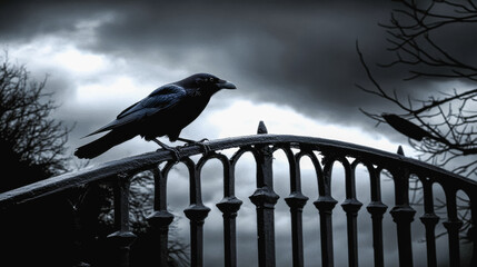 A black crow perches on a wrought iron fence under a dark, cloudy sky. The scene evokes a gothic and mystical atmosphere, perfect for Halloween themes.