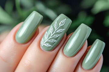 Elegant nail art with light green polish and leaf design for fashion inspiration