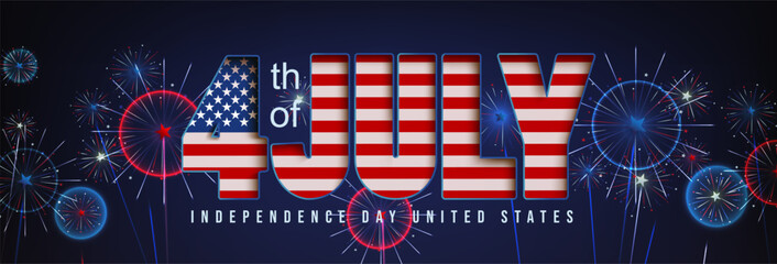 Bold 4th of July typography filled with USA flag colors on a dark background with fireworks, perfect for Independence Day celebration graphics or digital greeting cards.
