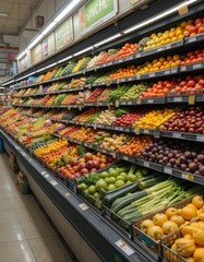 The stores brightly lit fruit and vegetable section is full of fresh goods. Bright rows with cauliflower, grapes and lemons