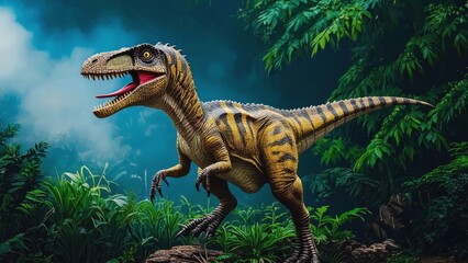 A realistic depiction of a Velociraptor dinosaur in a lush, green prehistoric jungle. The dinosaur has a scaly body with yellow and brown stripes, sharp claws, and an open mouth.