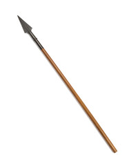 Long wooden Greek dory spear with a pointed iron head, isolated on white background.
