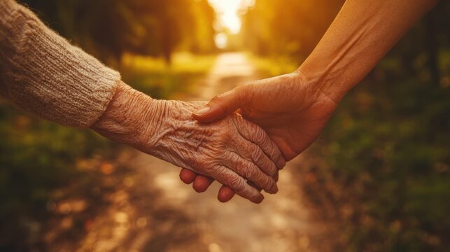 A realistic photograph of a compassionate caregiver gently holding the hand of an elderly person, with soft, warm lighting emphasizing the connection and comfort. The composition uses a close-up shot