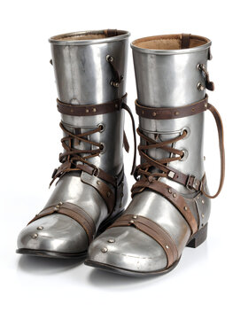 Roman-style caligae military boots made of brown leather and metal straps, isolated.