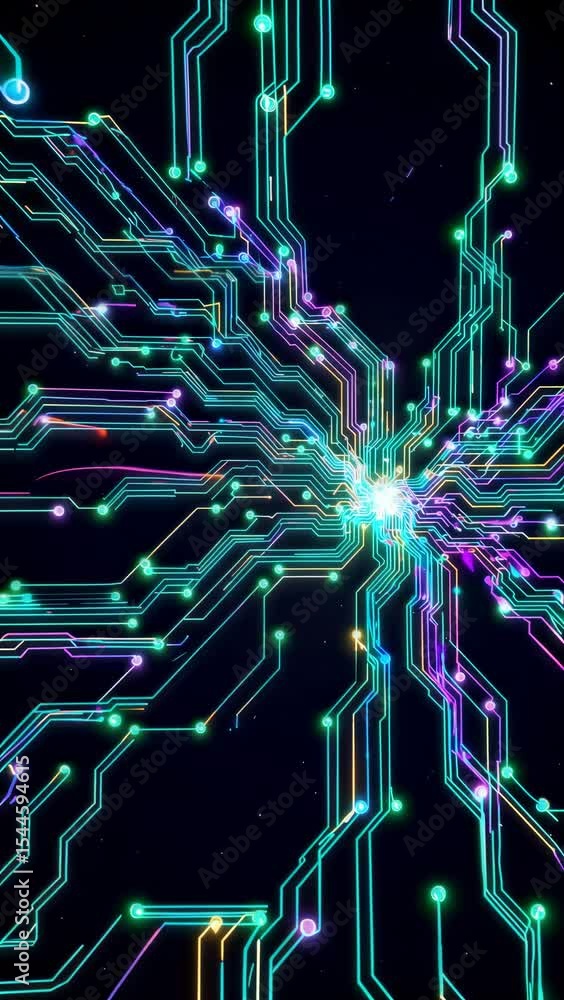 Poster futuristic neon circuit board with glowing lines and nodes in digital space