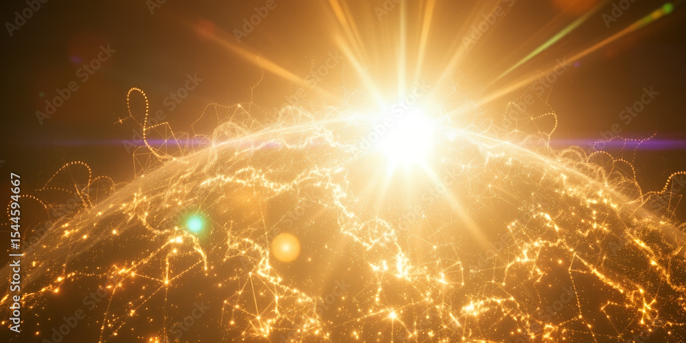 Poster bright light shining over a golden sphere with connected lines and swirling patterns