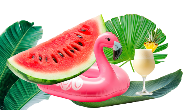 Tropical summer vibes: flamingo float, watermelon slice, pina colada, and tropical leaves on isolated png background