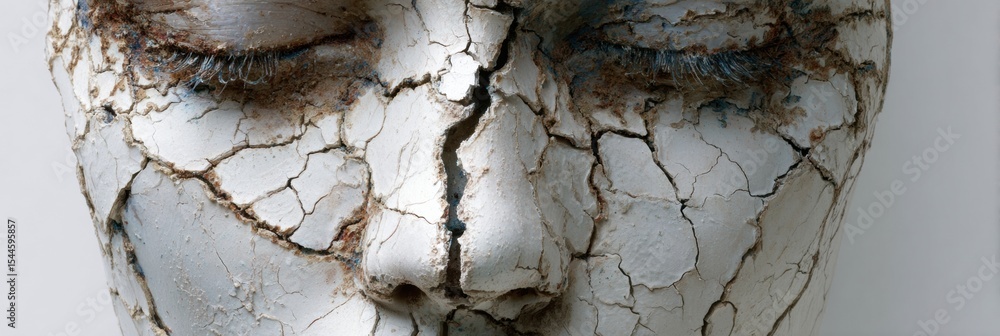 Poster cracked porcelain face with lightning fissure in an empty space highlighting fragility and decay