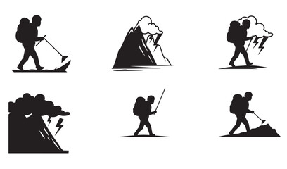 Silhouette collection of hiking travelers and mountain landscape elements in black and white