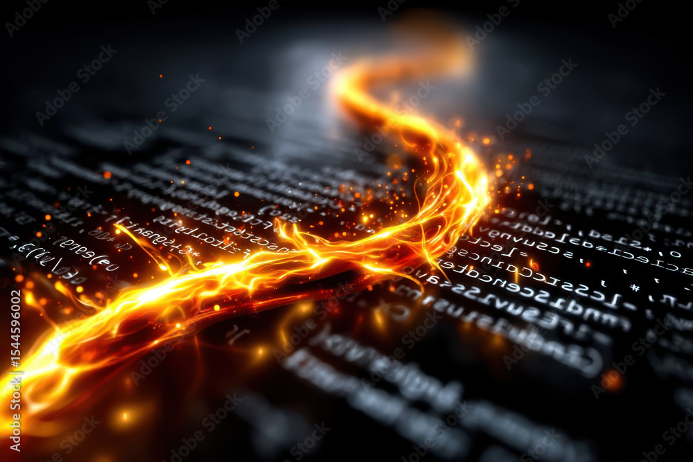 Poster flow of digital energy illuminating a dark space filled with code