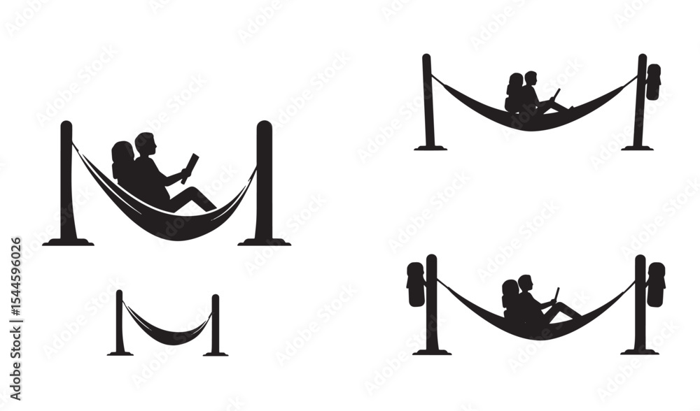 Poster silhouette illustration of couples relaxing in hammocks using computers and reading books