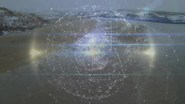 Faint glowing dots forming into 3D-render sphere on ice, showing links behind walking silhouettes