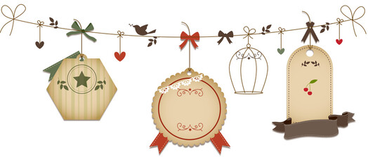 Scrapbook-style garland with various hanging tags and elements