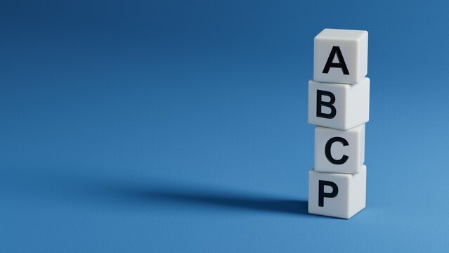 Word abcp on wooden elements with copy space.close up of wooden elements,Business Concept.3D rendering on blue background.