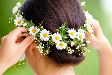 Naklejka premium Woman Styling Hair with Daisies and Greenery for a Fresh Bohemian Look