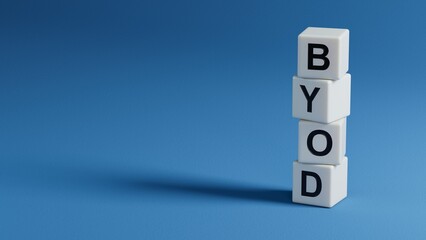 wooden elements with BYOD business word.close up of wooden elements,Business Concept.3D rendering on blue background.