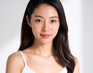 日本人, 若い女性, 美しく透明感のある肌, 柔らかな自然光, 顔のアップ, 無造作な黒髪, 口を軽く開けた表情, 純白の背景, シンプルなキャミソール, 映画のワンシーンのような空気感
Japanese, young woman, delicate and fair skin, natural soft lighting, close-up face, tousled black hair, 