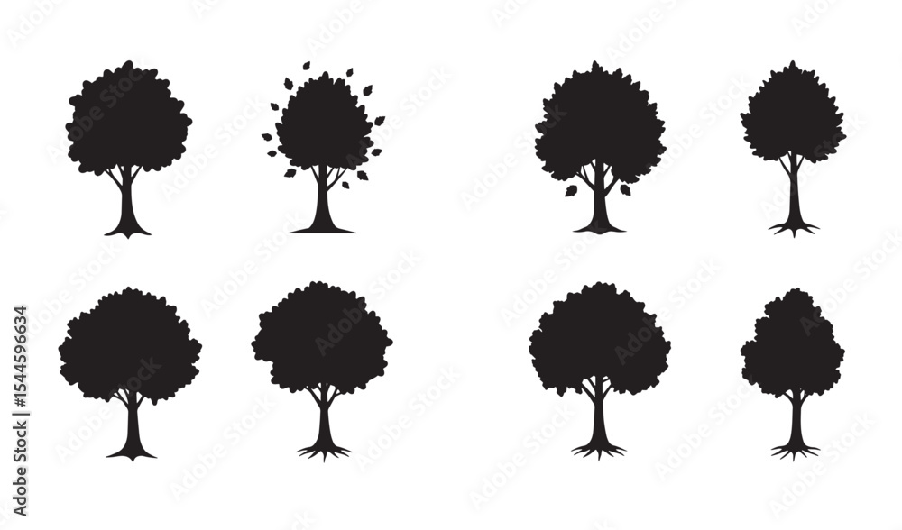 Poster silhouette illustrations of various trees in black with different leaf variations and root designs