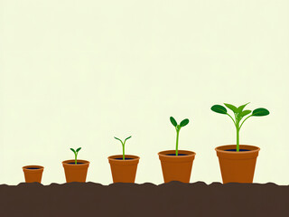 Growth Stages of a Plant in Terracotta Pots for Education. Illustration depicting different growth stages of a plant in small terracotta pots, demonstrating development from seedling to mature plant. 