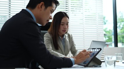 Professionals collaborate on project analysis with financial graphs. Strategic teamwork and insights drive company growth and success. - Powered by Adobe