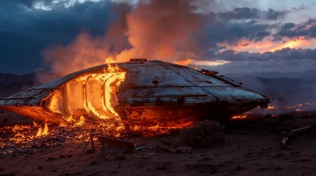 Crashed alien UFO spaceship burning in remote mountain area concept extraterrestrial accident mystery and science fiction scene