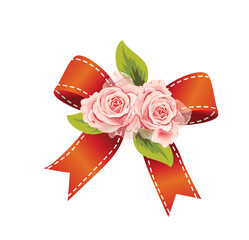 Red Bow with Pink Roses and Green Leaves