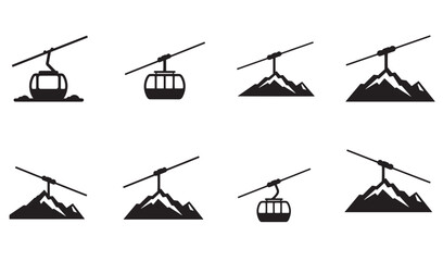 Vector icon set of ski lift gondolas and cable cars with mountain backgrounds