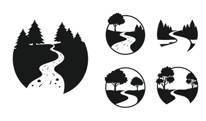 Vector illustrations of a river flowing through a forest and trees within circular frames in black and white