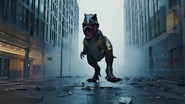 Rampaging dinosaur in urban cityscape: chaos unleashed among skyscrapers.