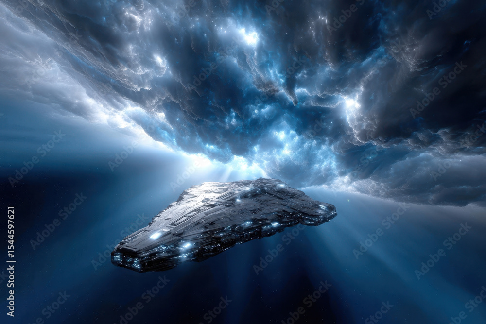 Aufkleber spaceship navigating through dramatic cosmic clouds and light beams in deep space