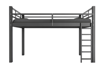 A modern and sleek metal loft bed frame offering space saving design and a minimalist on transparent background