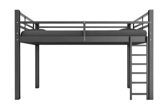 A modern and sleek metal loft bed frame offering space saving design and a minimalist on transparent background