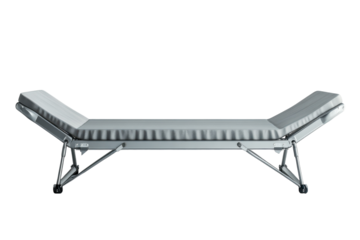 A minimalist metal cot offers a practical resting place ideal for medical facilities temporary on transparent background