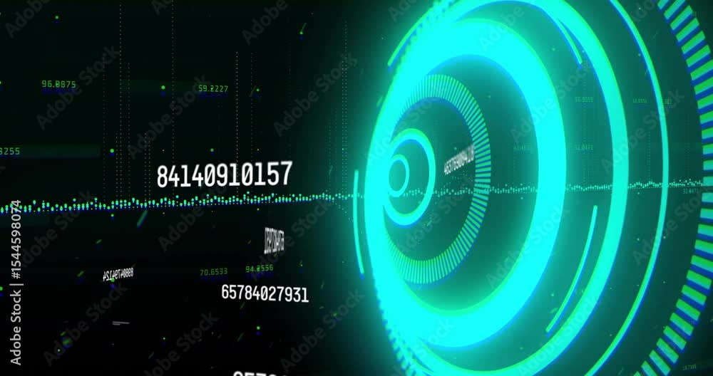 Poster upon teal rings rotating inward, interface streaming live data, waveform pulsing, numbers updating