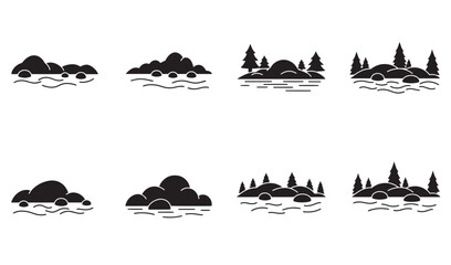 Fototapeta premium Vector illustrations of river landscapes with rocks trees and simple black silhouette art