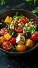 Close up greek salad with colorful red yellow cherries view