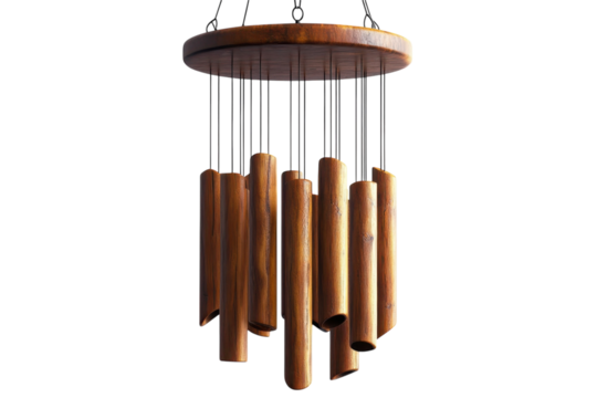 A handcrafted wooden wind chime whispering nature s secrets on a gentle breeze its rustic on transparent background