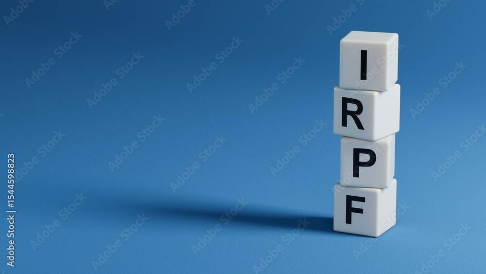 Poster irpf text on wooden block.close up of wooden elements,business concept.3d rendering on blue backgrou