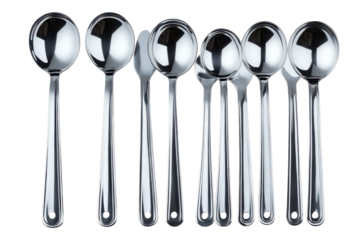 A gleaming collection of soup spoons ready for a comforting meal reflecting culinary artistry on transparent background