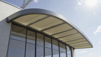 Fototapeta premium modern building features sleek, curved metal awning above large glass windows, reflecting sunlight. architectural design is contemporary, with focus on clean lines and functionality