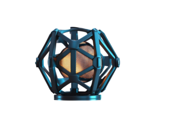 A futuristic glowing orb encased in a teal metal cage radiating warmth and mystery against the on transparent background
